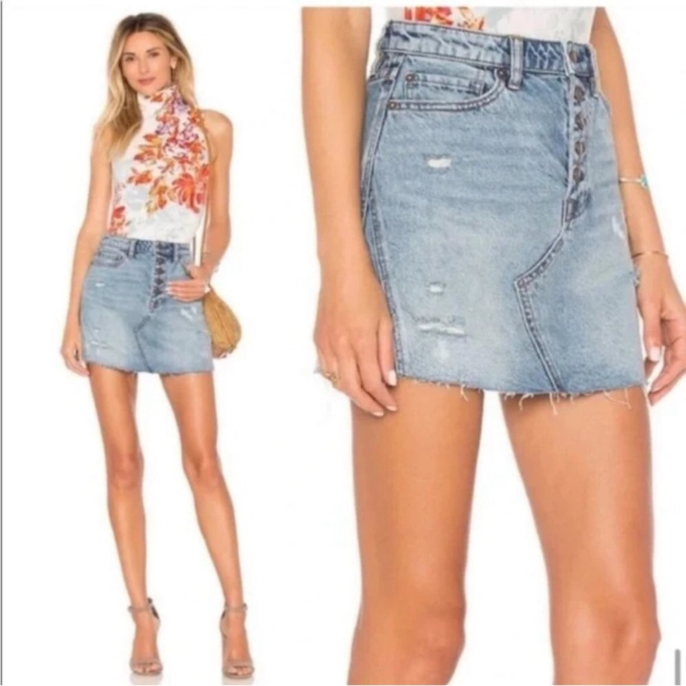 Free People Distressed Montauk Denim Skirt Button Fly Mini Size 28 NEW